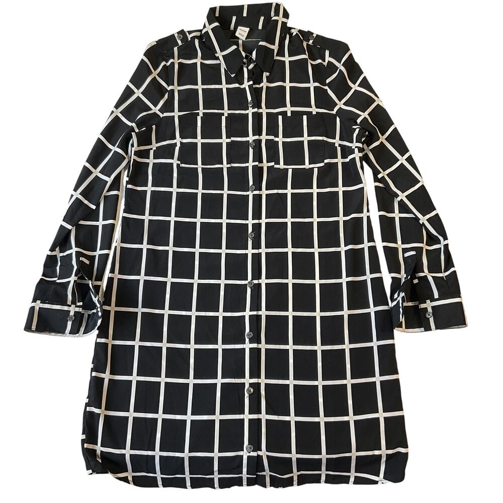 Old Navy Women Button Up Shirt Dress XS Black Check Collared Front Knee Length